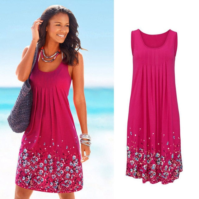 Sleeveless Floral Print Loose Beach Summer Dress Fashion Six Colors Casual Women Dress 2019 Sexy Dress Plus Size S-5XL