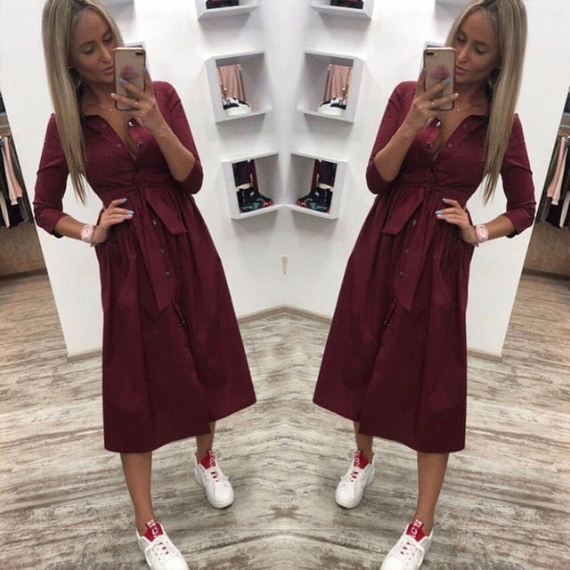 Women Vintage Front Button Sashes Party Dress Three Quarter Sleeve Turn Down Collar Solid Dress 2019 Autumn New Fashion Dress