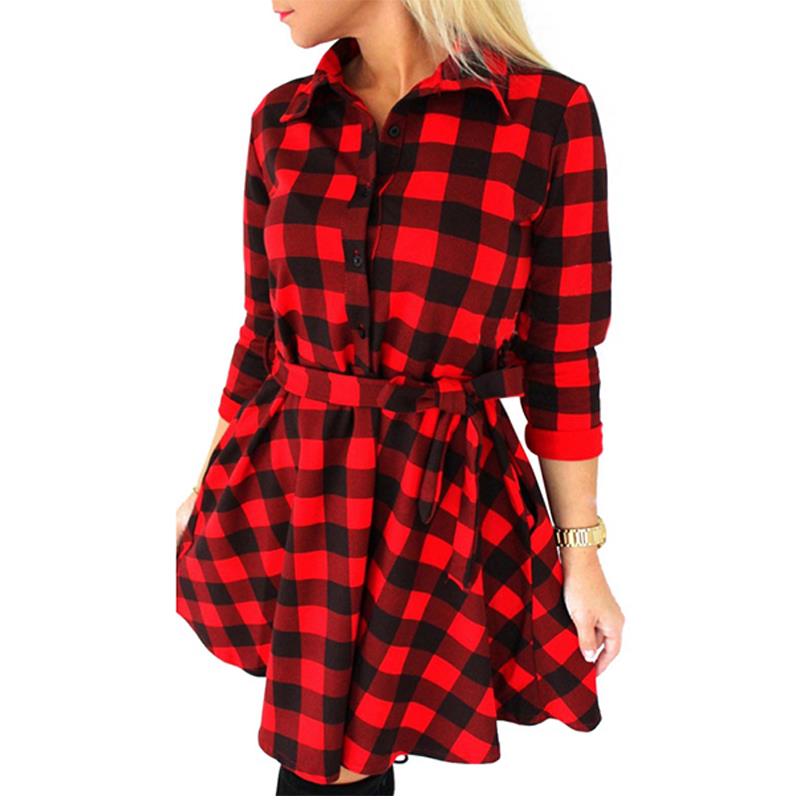 2019 Fashion Women Long Sleeve Short Dress 3/4 Sleeve Shirt Dress Plaid & Checked Dress