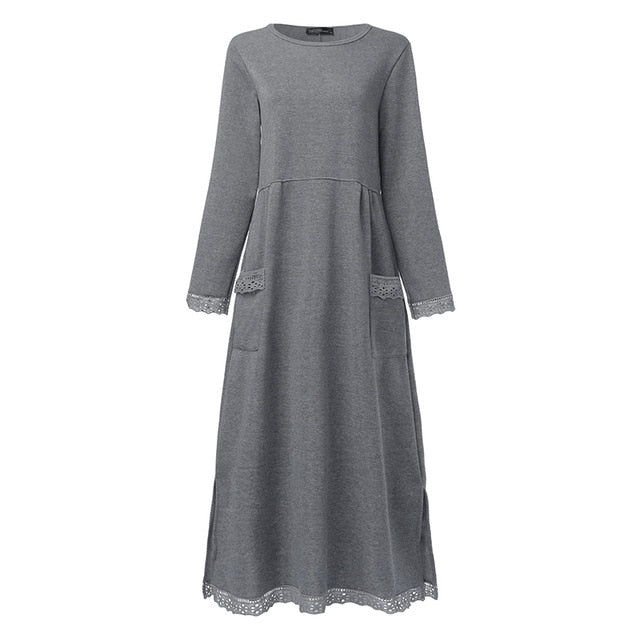 Fashion Women's Autumn Sundress ZANZEA 2019 Lace Patchwork Sweatshirts Dress Female Hoodies Plus Size Maxi Vestidos Pullover 5XL