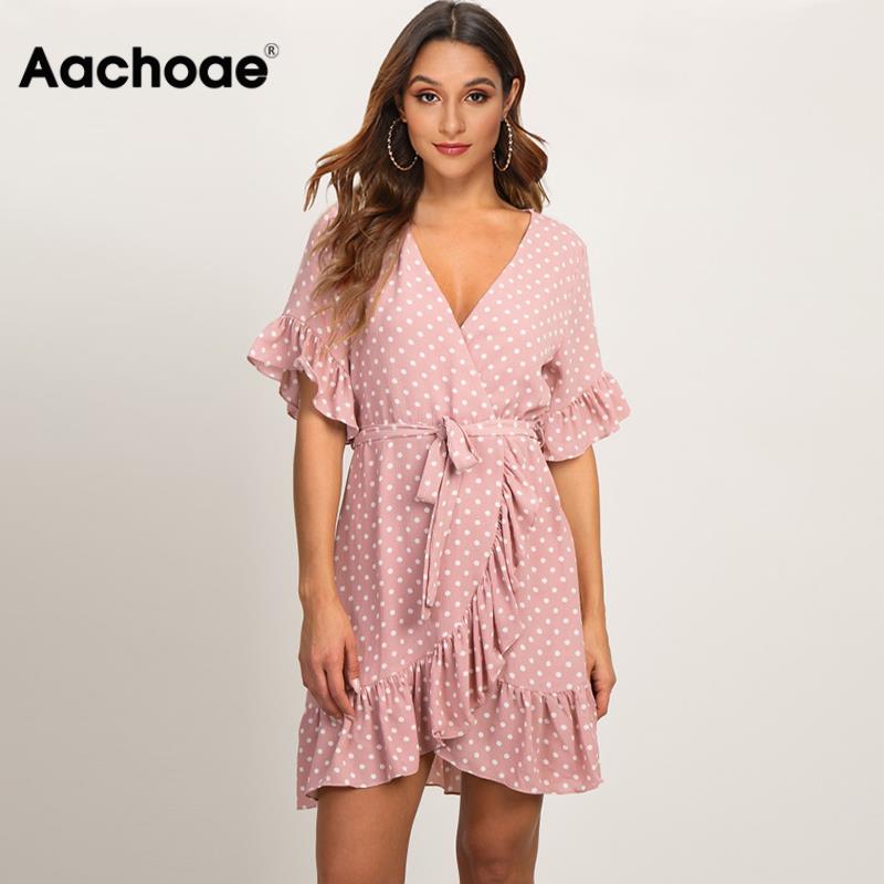 Summer Dress 2020 Boho Style Beach Dress Fashion Short Sleeve V-neck Polka Dot A-line Party Dress Sundress Vestidos