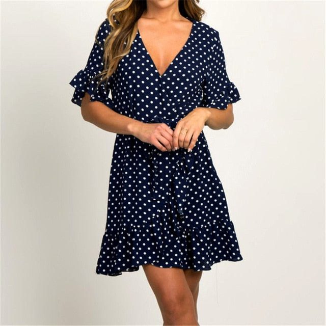 Summer Dress 2020 Boho Style Beach Dress Fashion Short Sleeve V-neck Polka Dot A-line Party Dress Sundress Vestidos