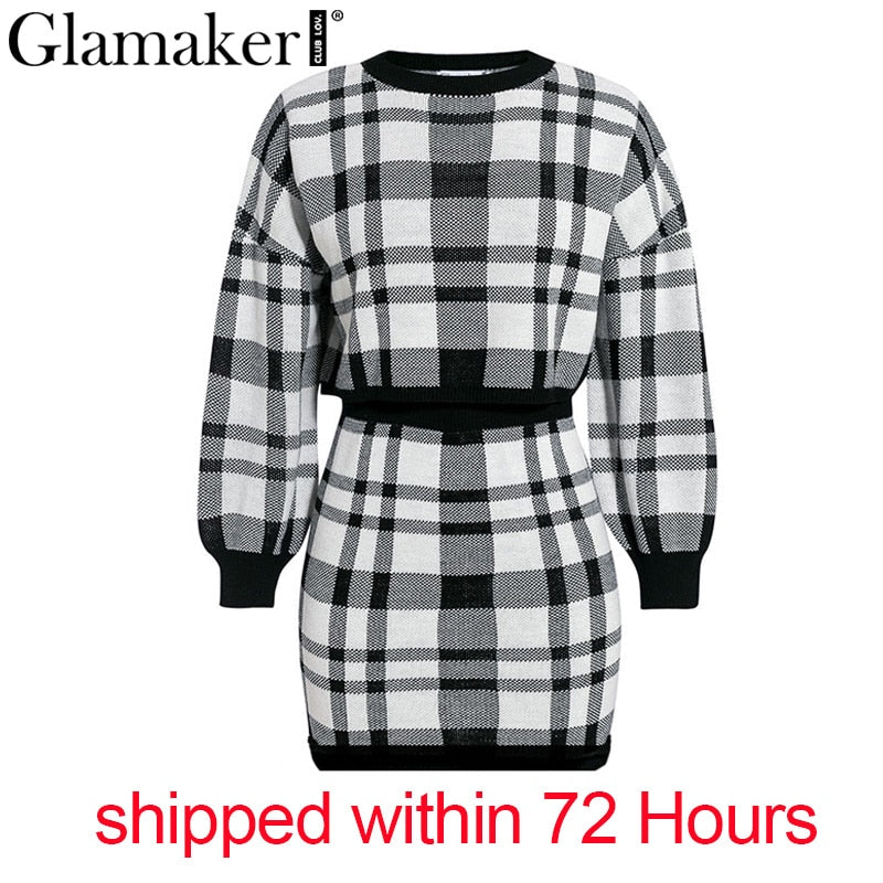 Glamaker Plaid knitted two-piece suit sexy autumn Dress women elegant winter sweater dress Sexy female fashion party short dress